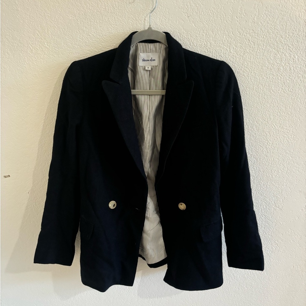 Steven Alan Navy Wool Blazer – Size 4, Striped Lining